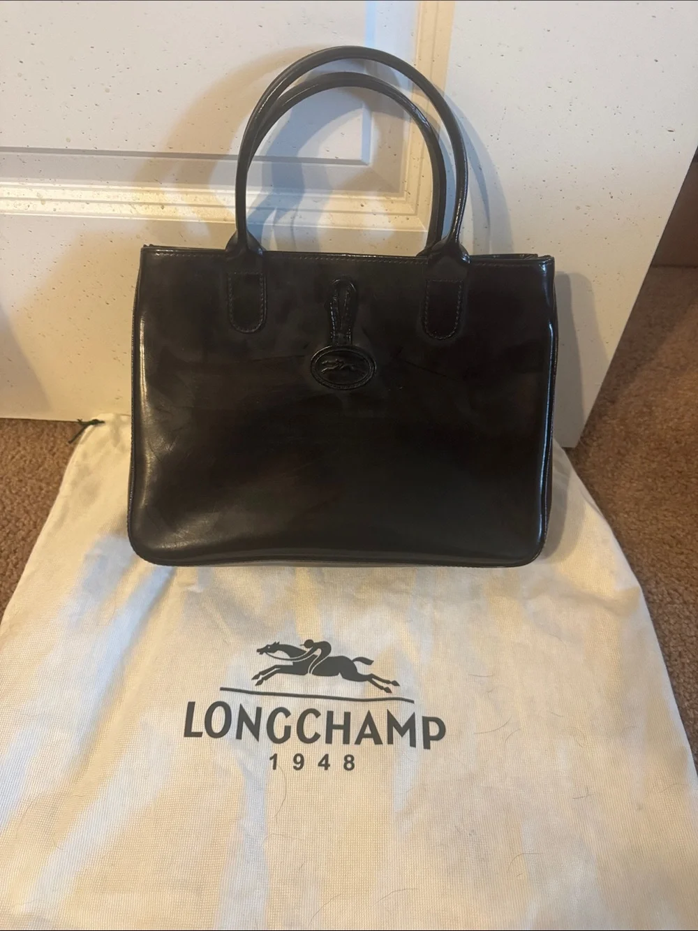 Roseau Longchamp Black Leather Tote with Top Handles